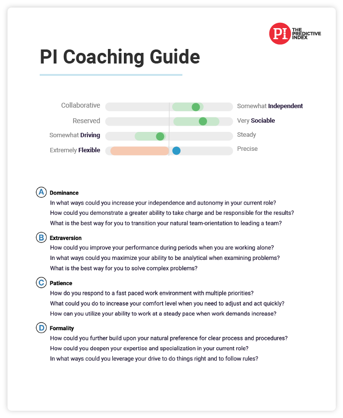 A sample of Predictive index's Coaching Guide for employees at all levels.