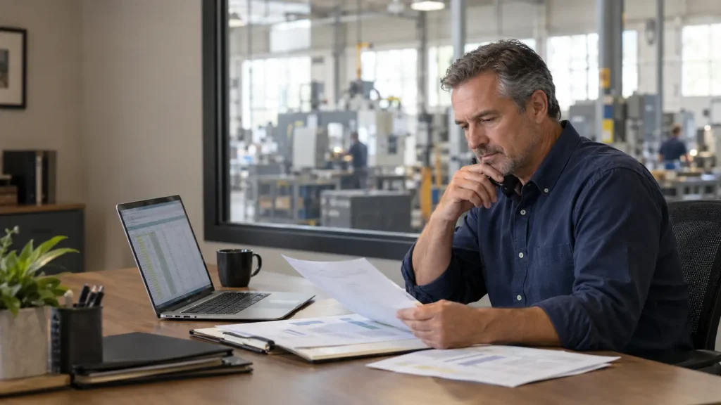 Small business owner reviewing financial documents and a spreadsheet at his desk, with a manufacturing floor visible through the office window.