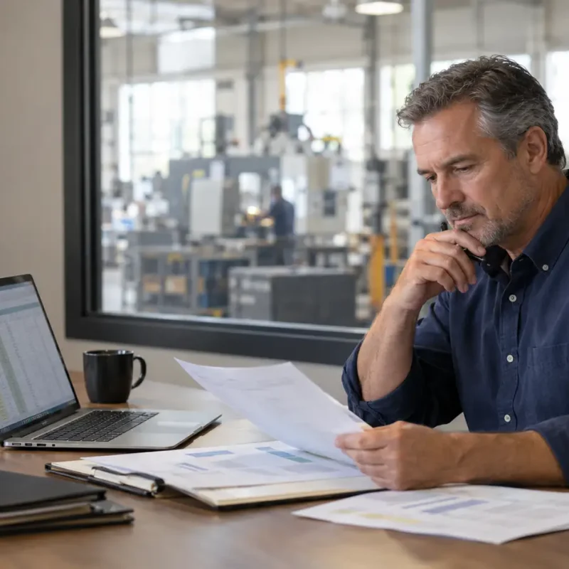 Small business owner reviewing financial documents and a spreadsheet at his desk, with a manufacturing floor visible through the office window.